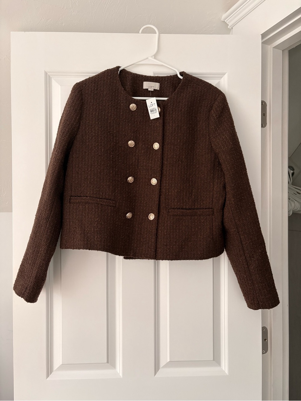 LOFT Brown Cropped Bouclé Double-Breasted Jacket